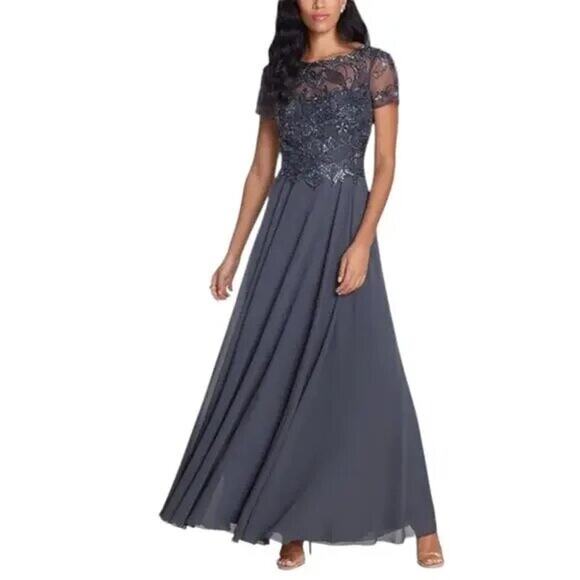 XSCAPE NWT Embellished Chiffon Evening Dress Size 8 Navy Sequin Formal Ball Gown - Picture 1 of 10
